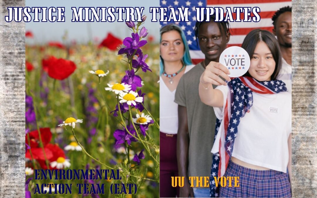 At the top of the image, white text outlined in dark blue in a stencil-style font reads, "Justice Ministry Team Updates." On the left is an image of part of a field of wildflowers up close with dark blue text in the foreground reading "Environmental Action Team (EAT)." On the right is a group of four young people of different races smiling towards the camera, one holding a big circular sticker that says VOTE on it. In the foreground, the marigold-colored text says, "UU the Vote."