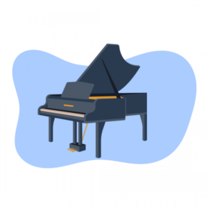 An illustration of a grand piano on a light blue amorphous background