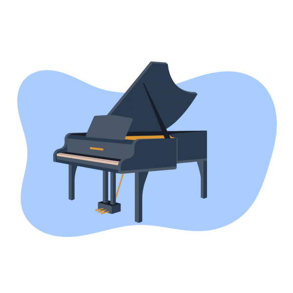 An illustration of a grand piano on a light blue amorphous background
