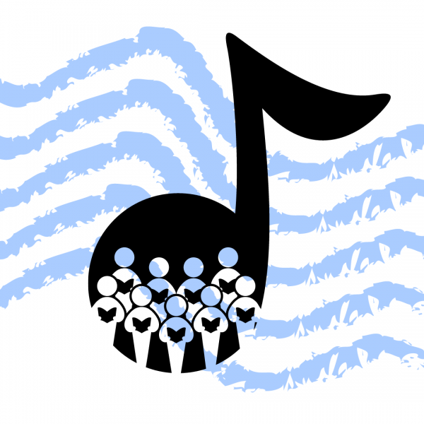 An illustration of an oversized 8th note with outlines of people in the dot part of it; in the background are wavy light blue lines