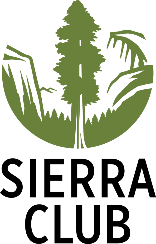 The Sierra Club logo has an illustration of Yosemite valley with a tall redwood tree in green and the words "SIERRA CLUB" in black and all caps below the image