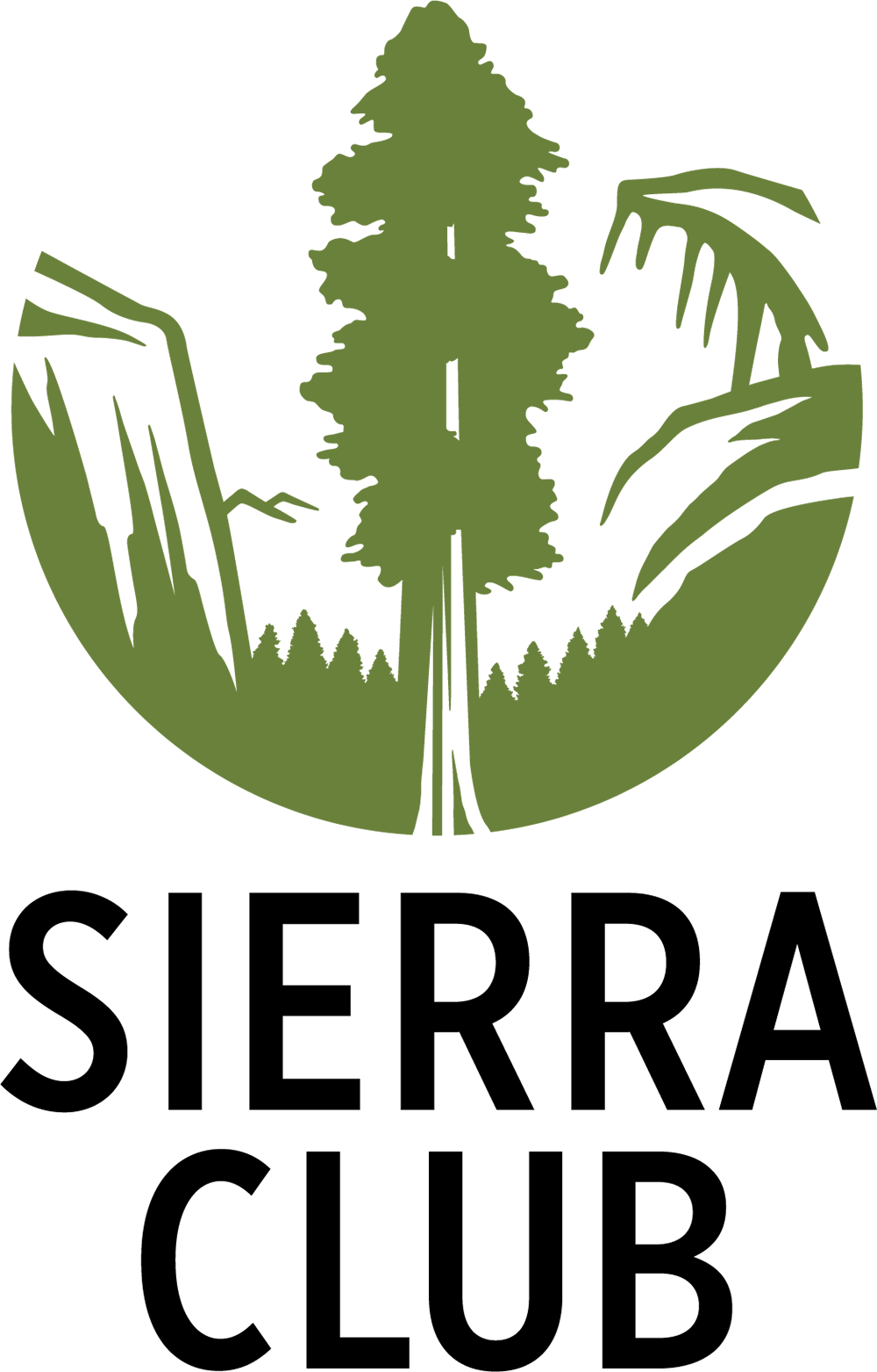 The Sierra Club logo has an illustration of Yosemite valley with a tall redwood tree in green and the words "SIERRA CLUB" in black and all caps below the image