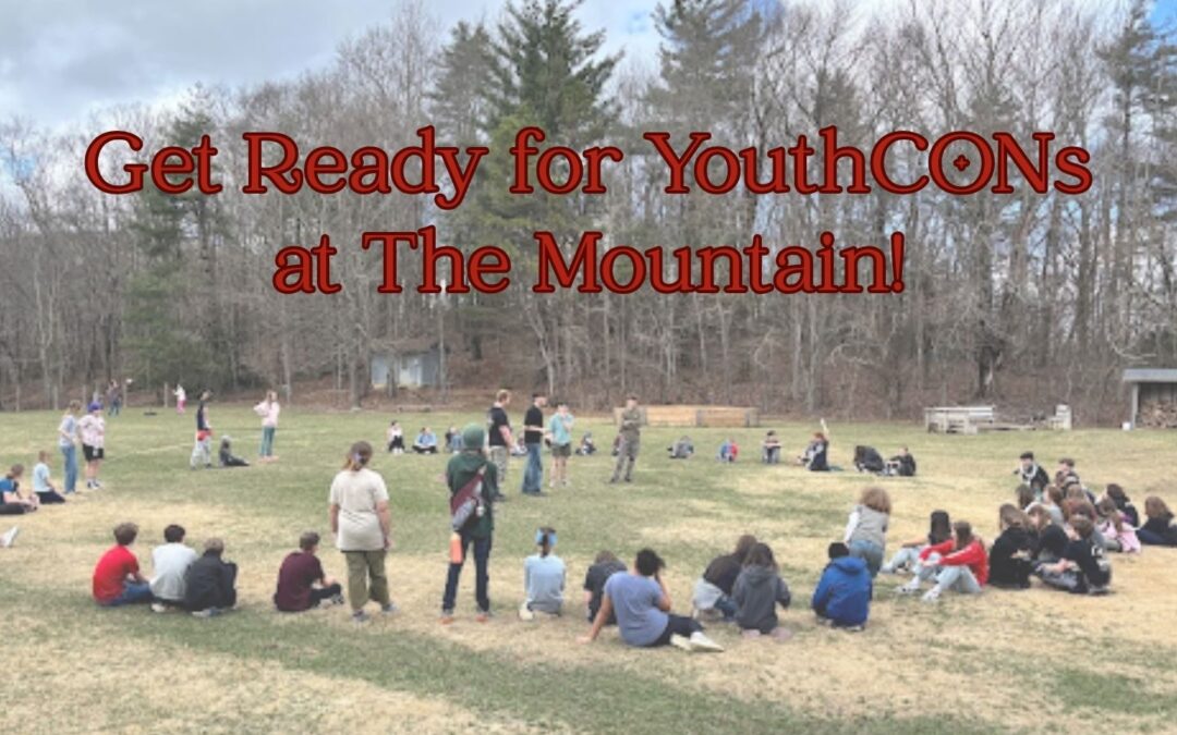 In the background is a photo of a large group of middle- and high-school aged youth in a circle outdoors at The Mountain. Text in red above them reads, "Get Ready for YouthCONs at The Mountain!"