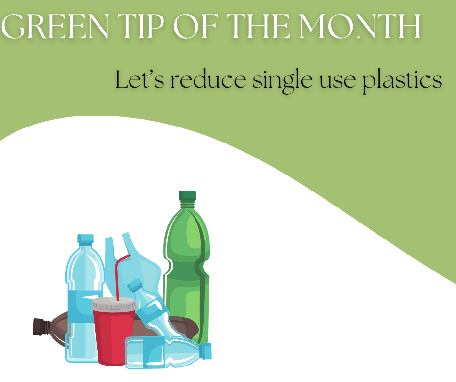 Image of food waste on a green and white background with text: Green tip of the month- Let's work on reducing food waste in the new year,